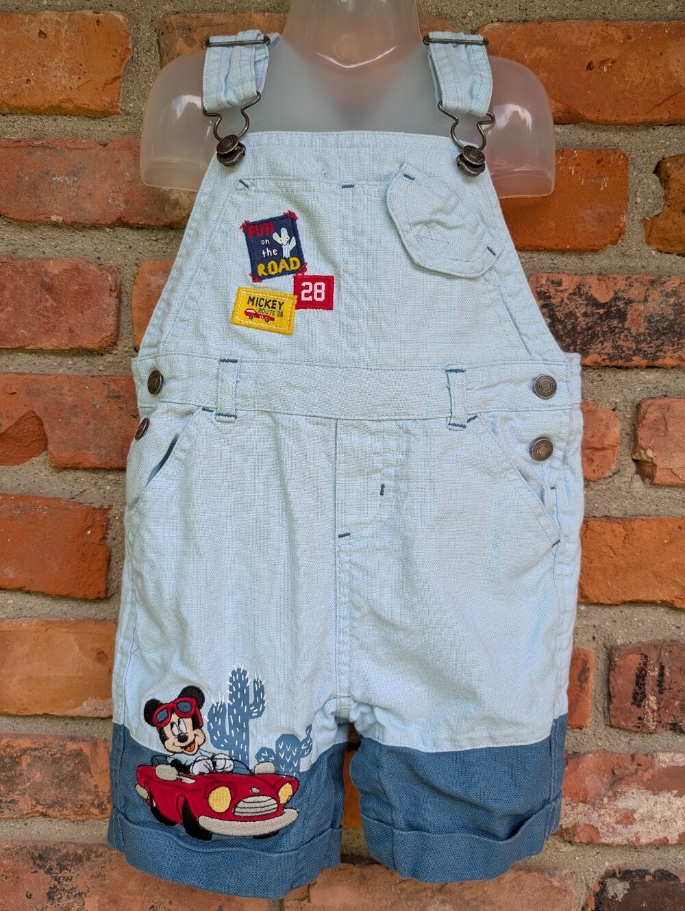 Disney Light Blue & Dark Denim Mickey Mouse Short Overalls Romper 18-24 Months